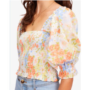 Billabong Feeling Groovy Puff Sleeve Multi Floral Smocked Crop Blouse Top Sz M‎